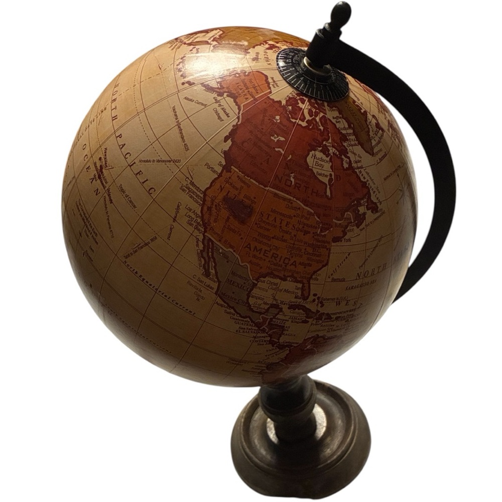 Retro Rotating World Globe Earth Home  Desktop Decor VTG Brown Tan Table Accent